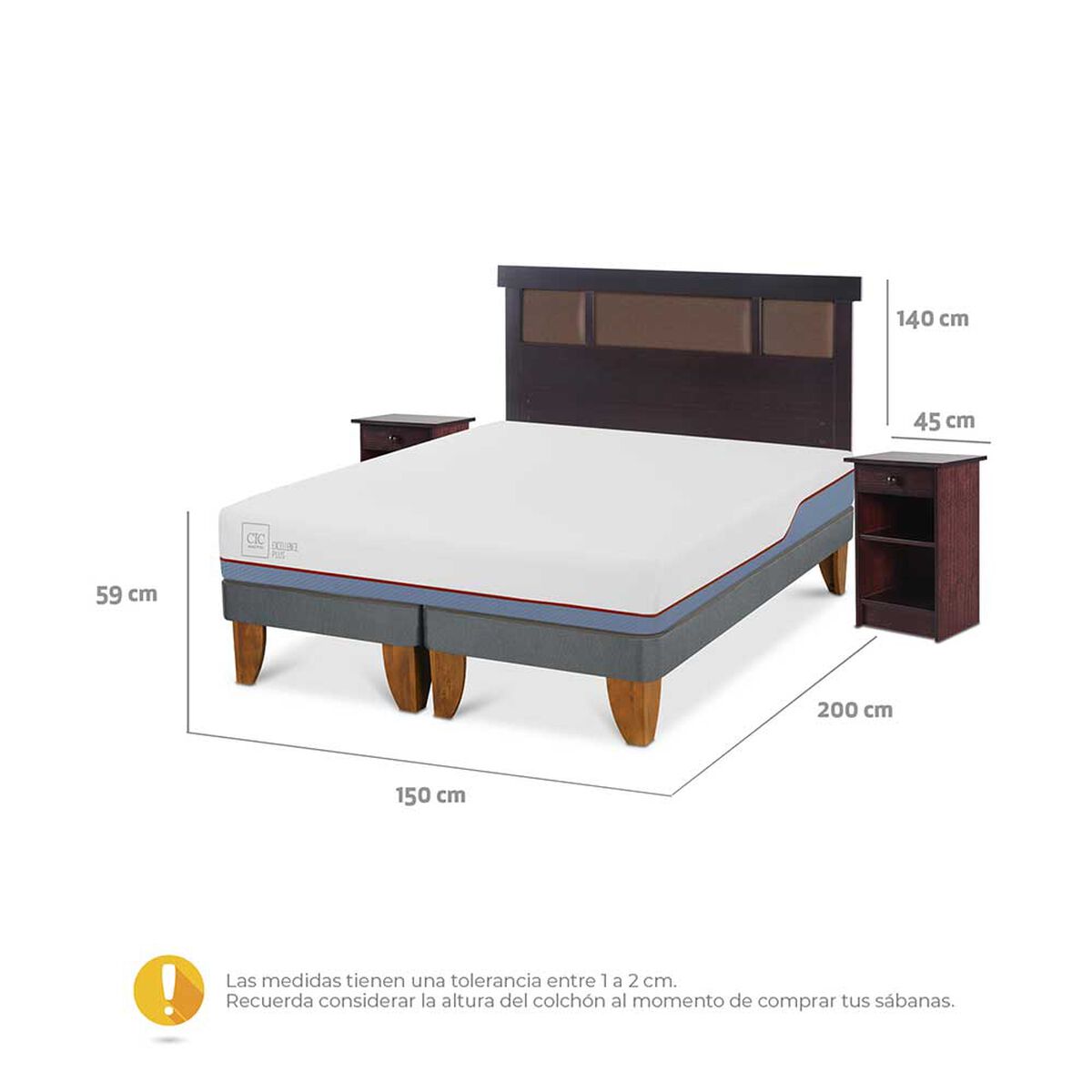Cama Europea CIC Base Dividida 2 Plazas Excellence Plus + Respaldo + 2 Veladores Dublin Chocolate