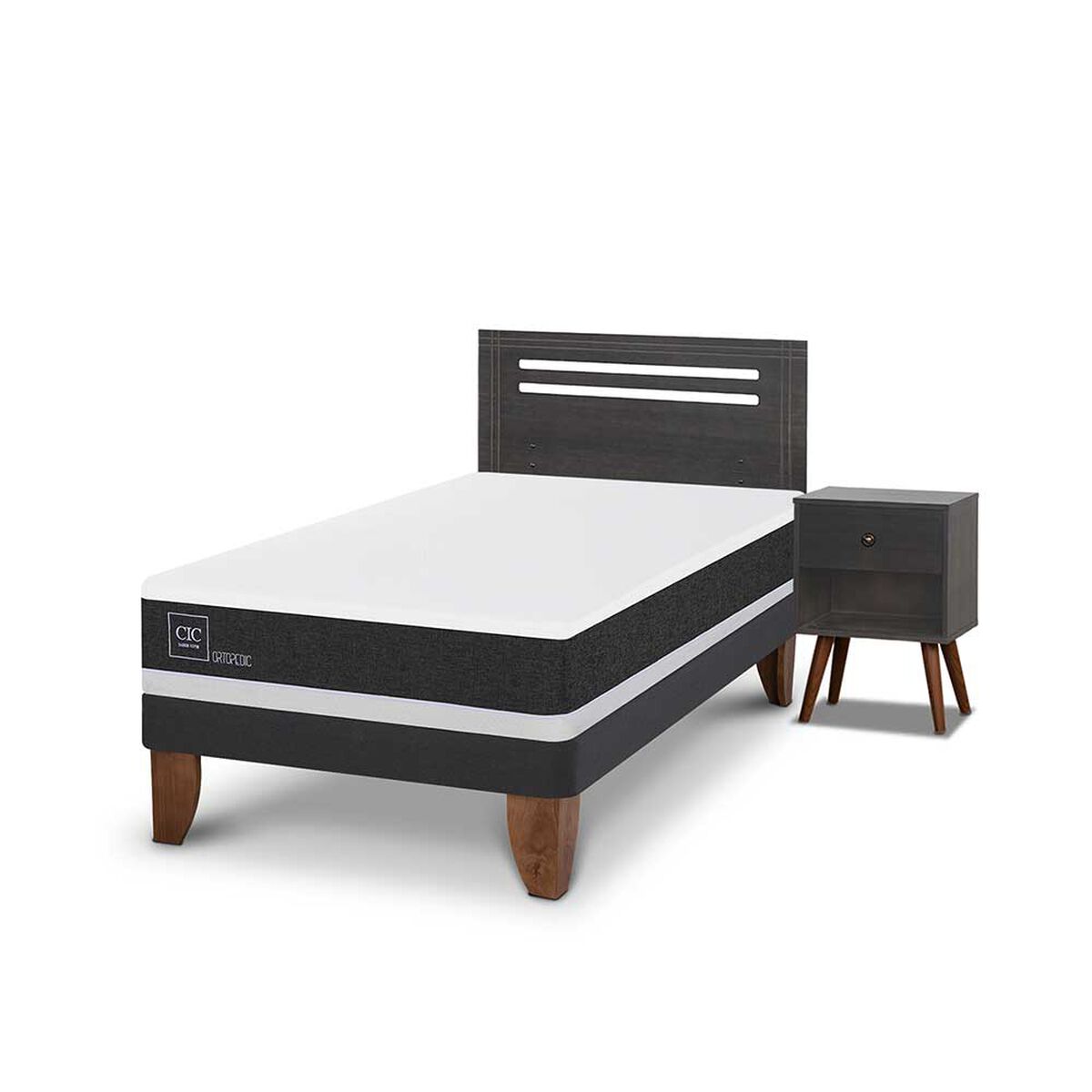 Cama Europea CIC 1,5 Plazas Ortopedic + Respaldo + Velador Munich