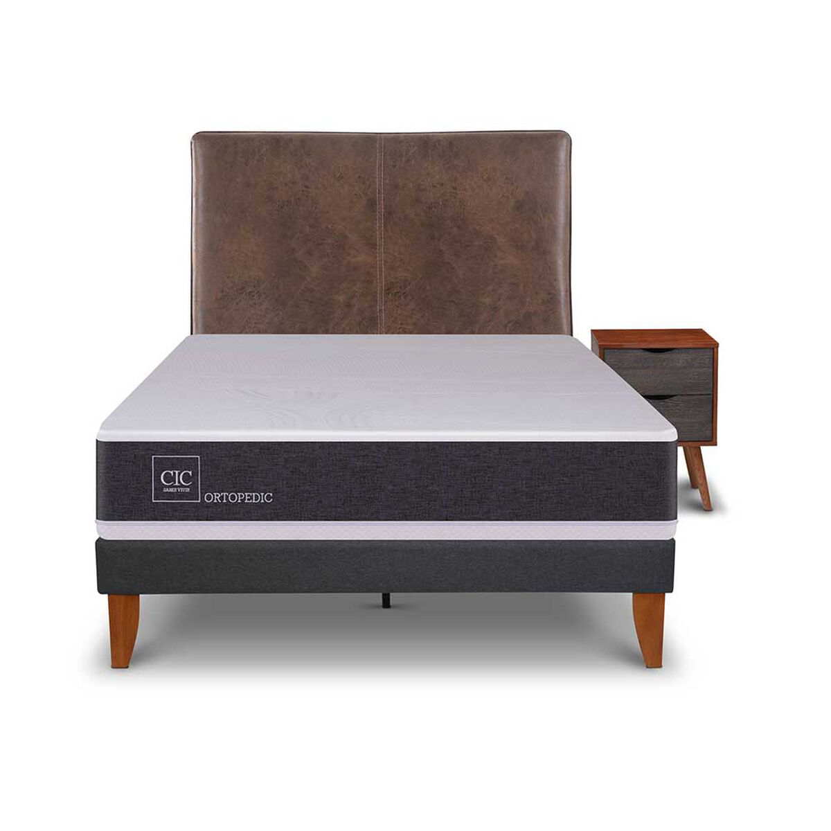Cama Europea CIC 1,5 Plazas New Ortopedic + Respaldo Baker + Velador