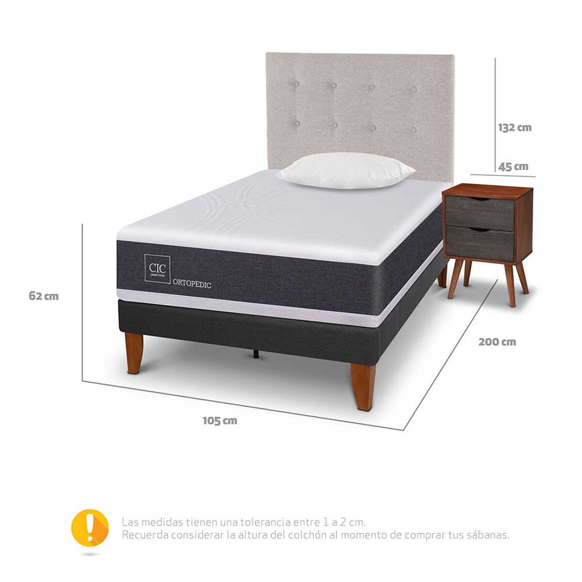 Cama Europea CIC 1,5 Plazas New Ortopedic + Respaldo Tigris + Velador + Almohada Viscoel&aacute;stica
