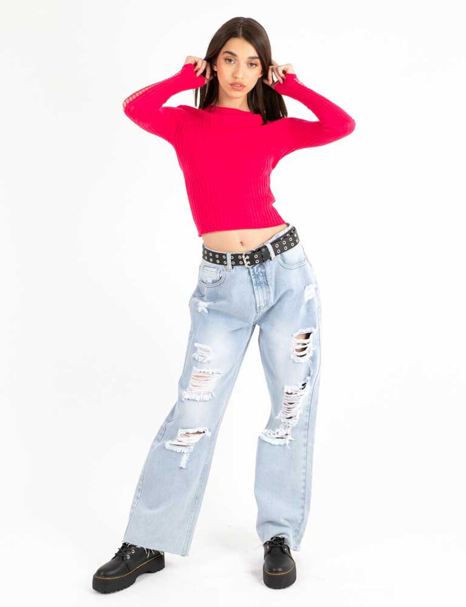 Sweater Liso Mangas Y Espalda Tejida Cuello Redondo Mujer Icono