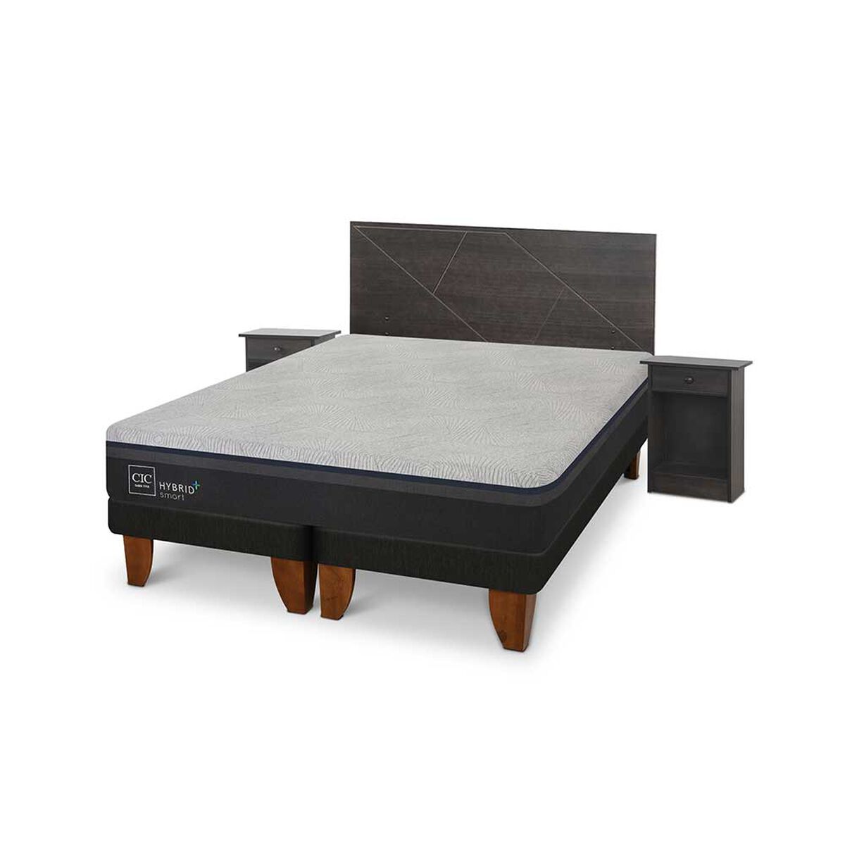 Cama Europea CIC Base Dividida 2 Plazas Hybrid Plus Infinity + Respaldo + 2 Veladores Villarrica