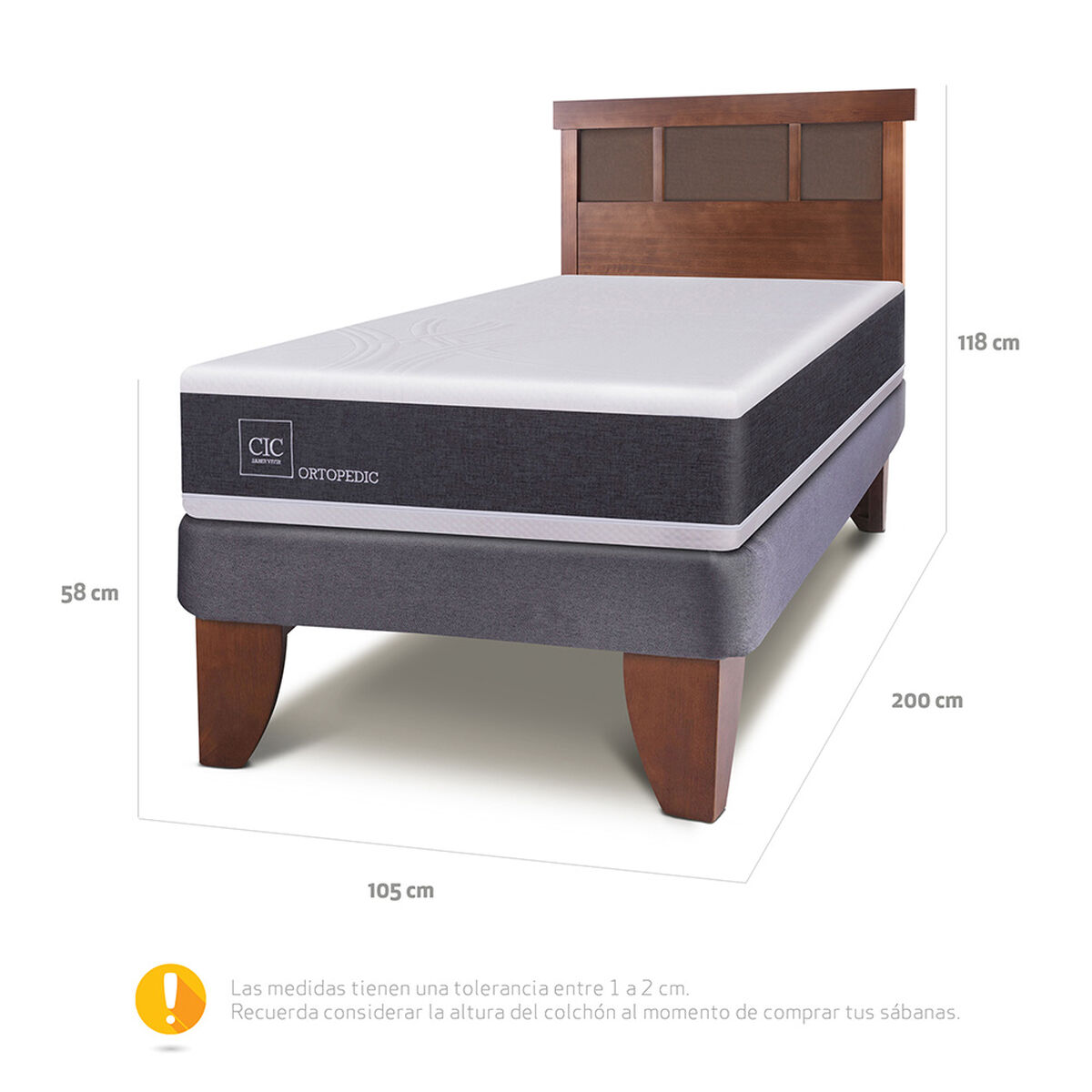 Cama Europea CIC 1,5 Plazas New Ortopedic + Respaldo Dublin Caramelo