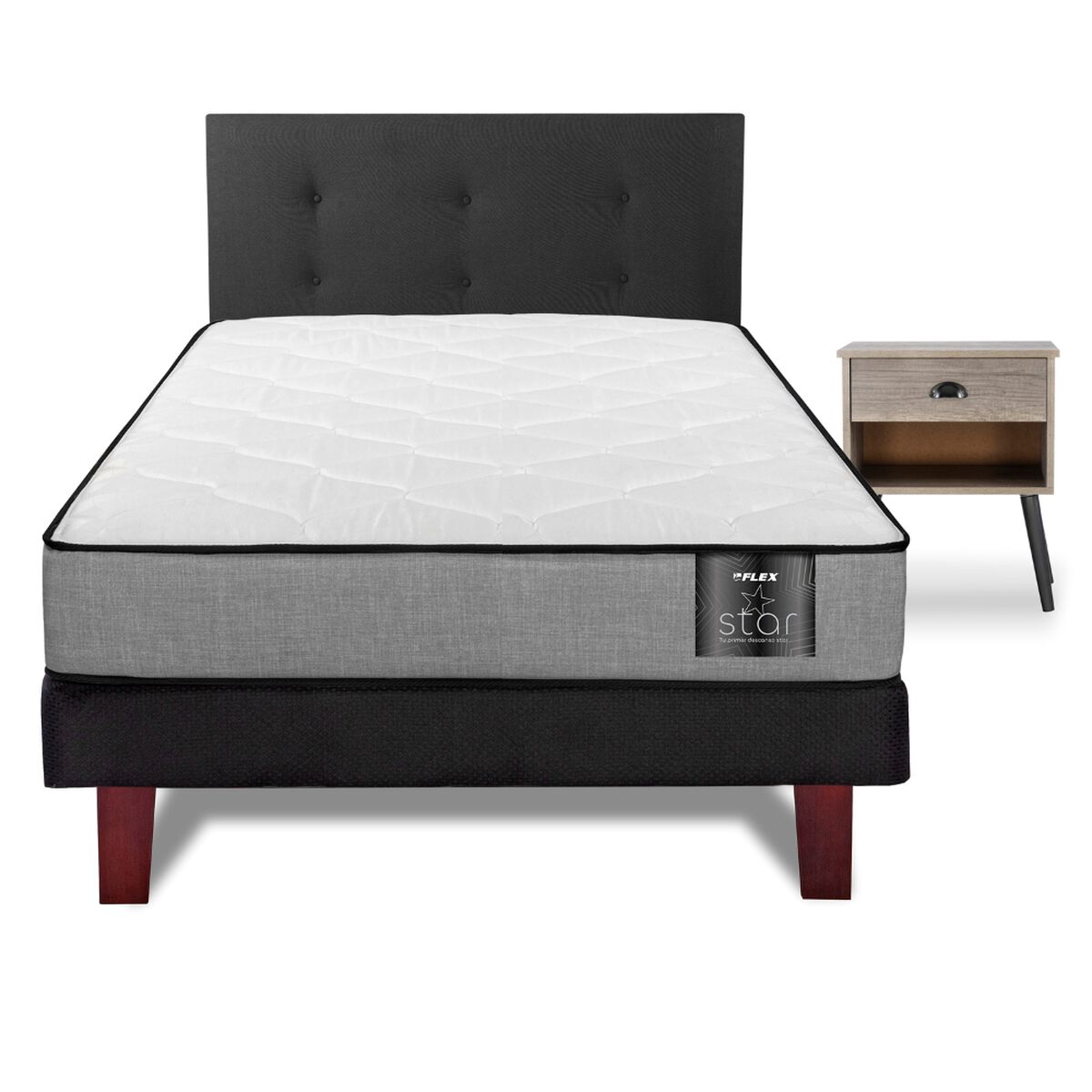 Cama Europea Flex 1,5 Plazas Star + Respaldo Royal Negro + Velador Rock