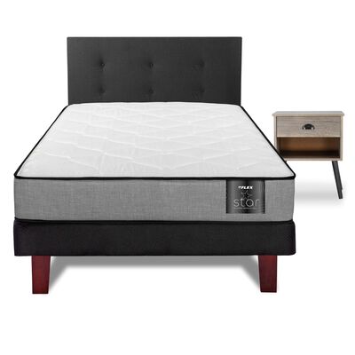 Cama Europea Flex 1,5 Plazas Star + Respaldo Royal Negro + Velador Rock