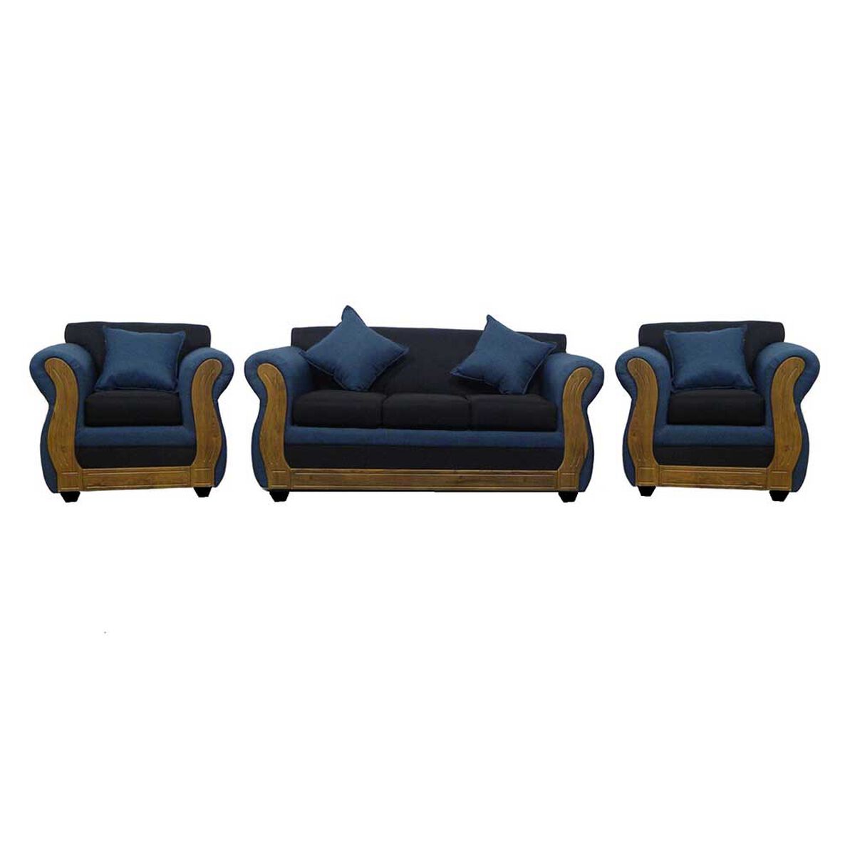 Juego de Living Almore Emilia Sofá 3 Cuepos + Dos Sillones 1 Cuerpo Azul Negro