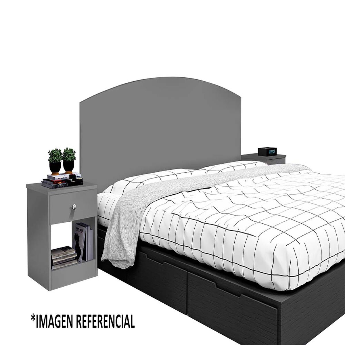 Combo Celta Cama Europea 2 Plazas Cádiz 190 x 150 cm + Respaldo + 2 Veladores Casanova 2 Plazas Gris