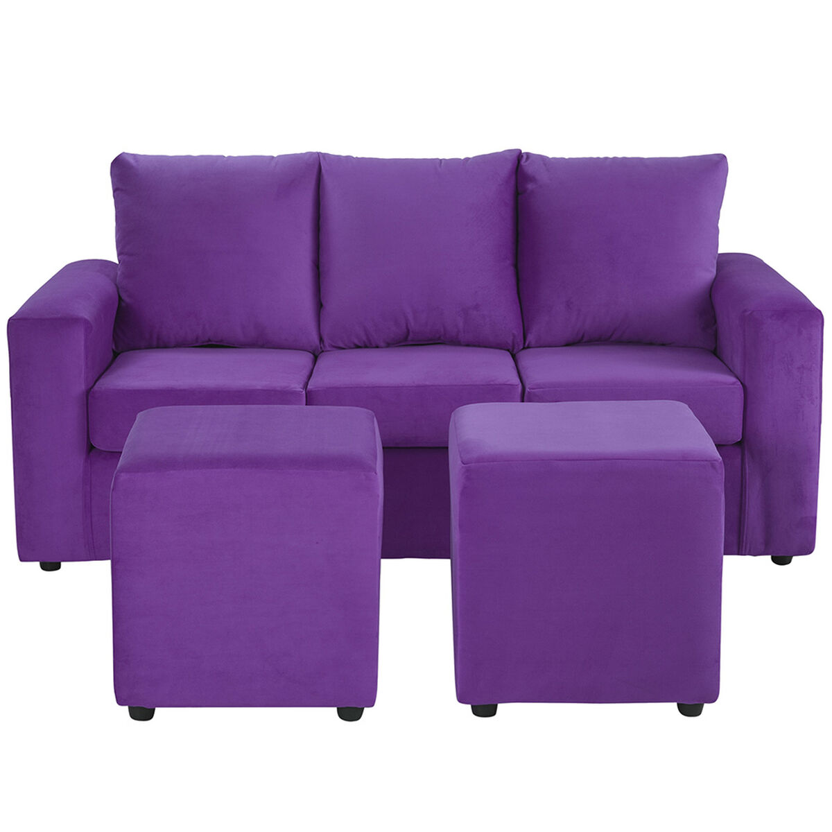 Sofá Bodevir Kendy Felpa 3 Cuerpos + Dos Pouf Cali Morado