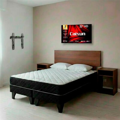 Combo Cama Europea Celta 2 Plazas New Atlantis Base Dividida + Respaldo + 2 Veladores Casanova 2 Plazas Nogal + Pack Almohadas Casa Linda Almohadas Blanco 65 x 45 cm + Smart TV LED 32" Caixun HD Google TV C32V1HG + Soporte de Pared Fijo Fiddler MV301S