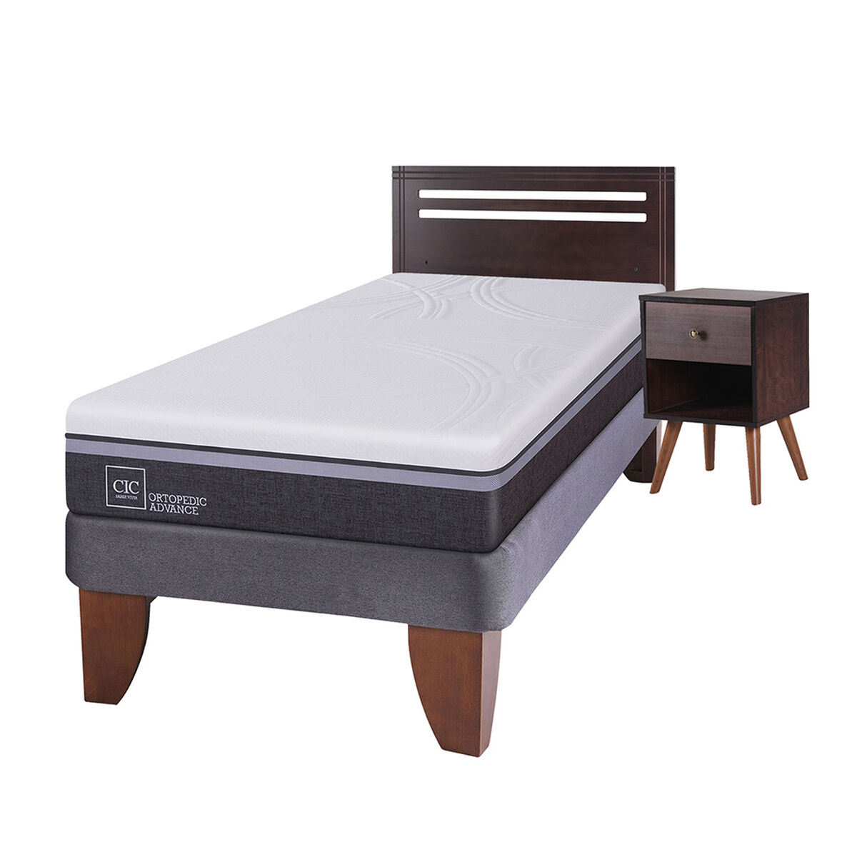 Cama Europea CIC 1,5 Plazas Ortopedic Advance + Respaldo + Velador New Munich