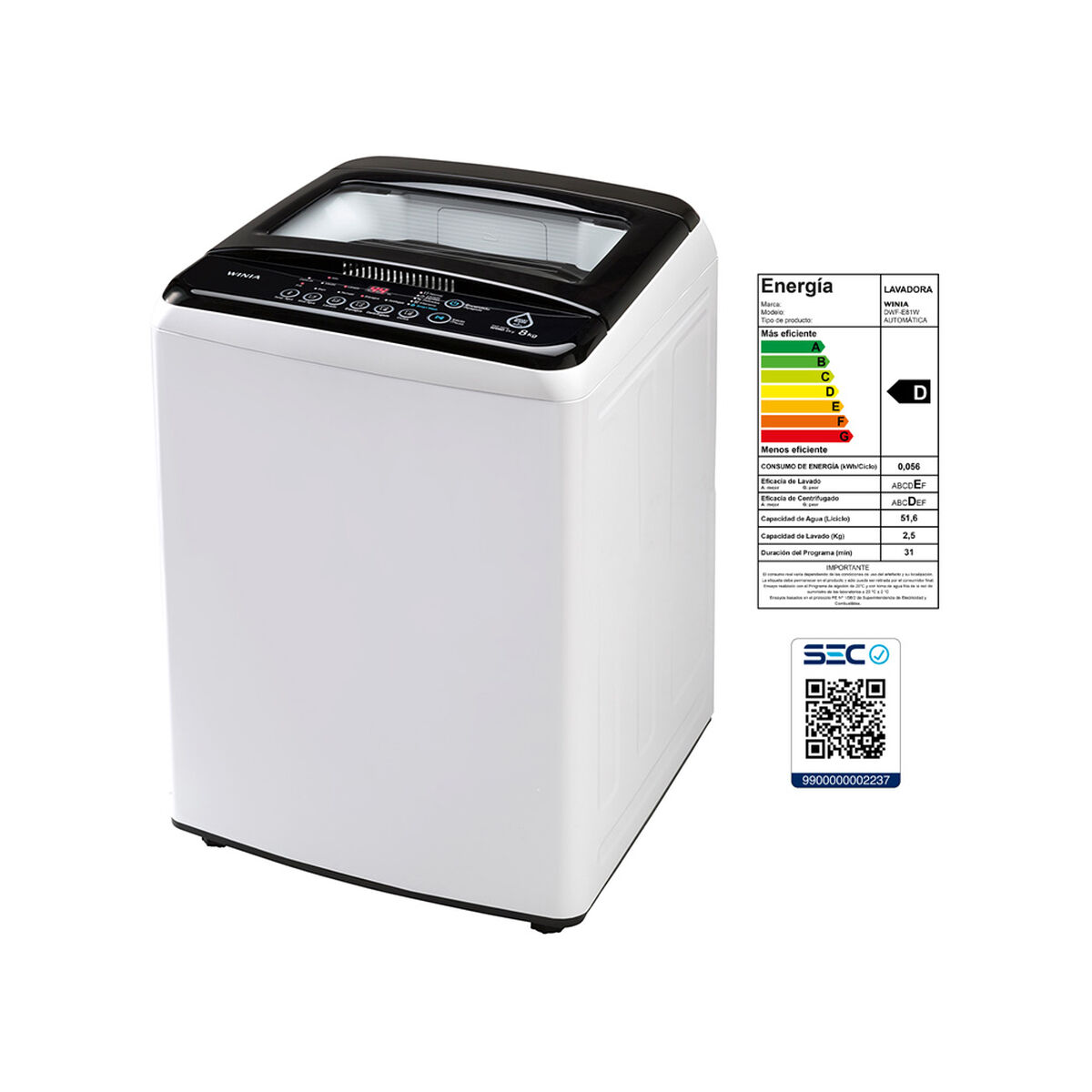 Lavadora Automática Winia DWF-E81W 8 kg.