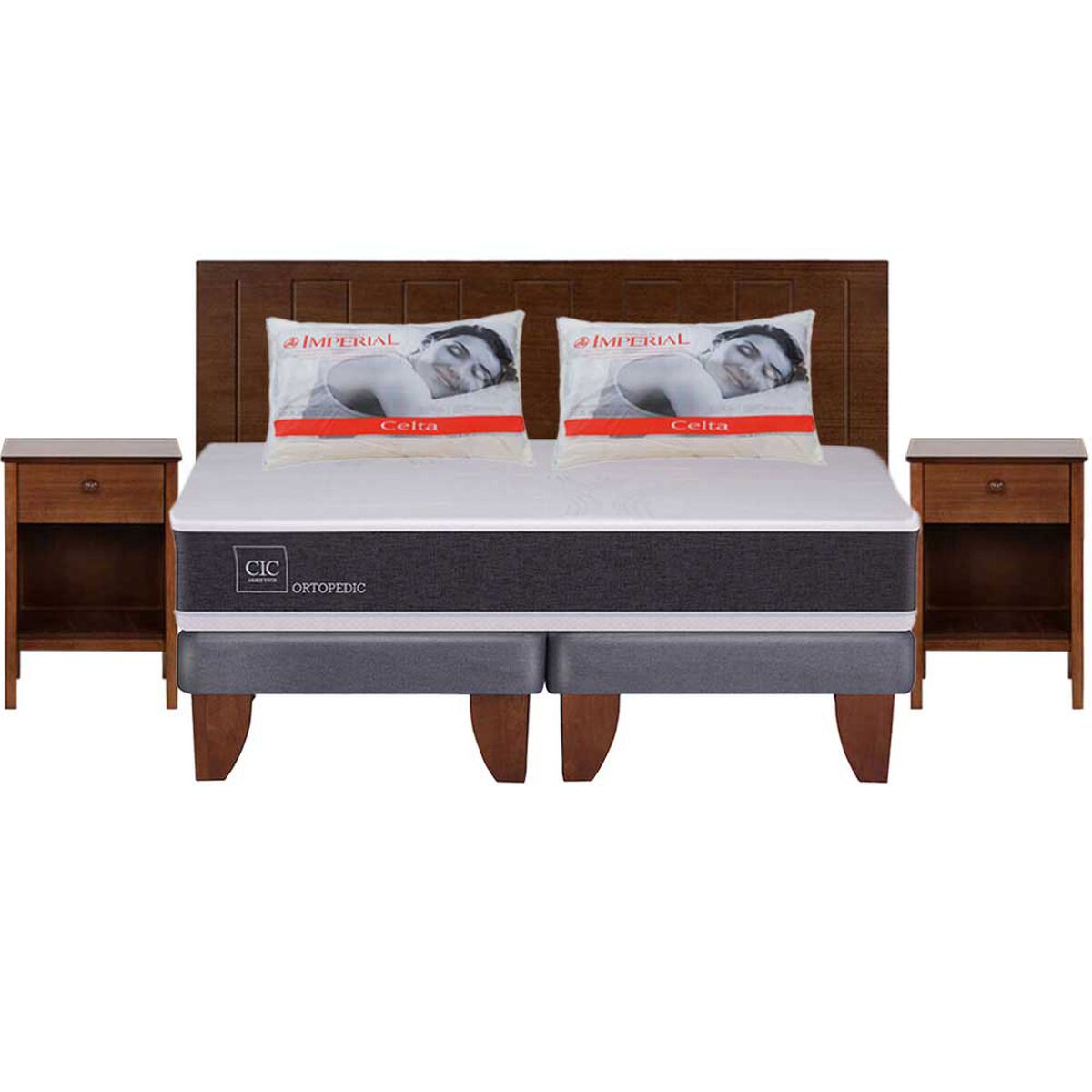Combo Cama Europea CIC Base Dividida 2 Plazas Ortopedic + Respaldo + 2 Veladores CIC Alassio + Pack Almohadas Celta Imperial Soft