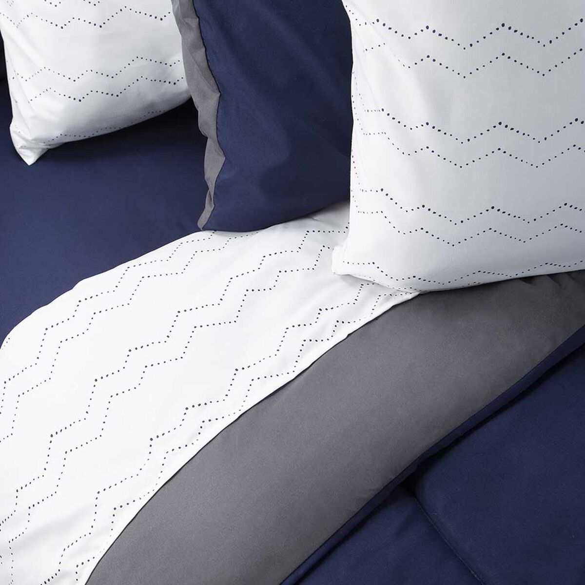 Set Plumón Bicolor + Juego de Sábanas Zibel 1,5 Plazas Liso Azul Gris