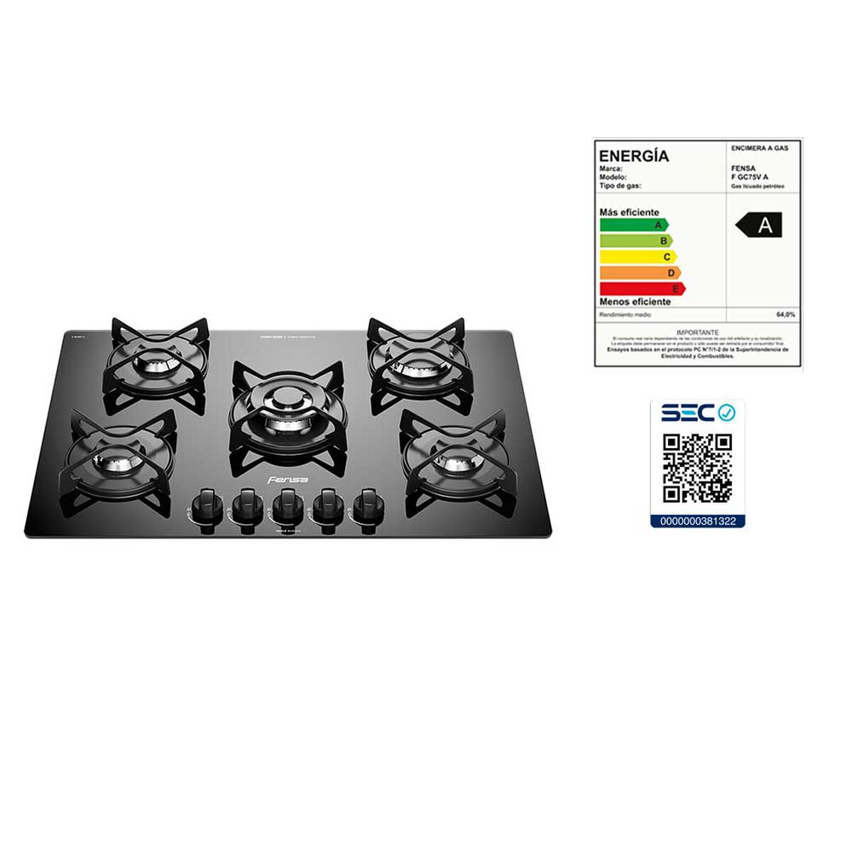 Encimera a Gas Fensa F GC75V A 5 Quemadores