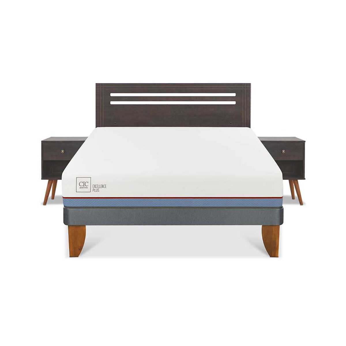 Cama Europea CIC 2 Plazas Excellence Plus + Respaldo + 2 Veladores Munich