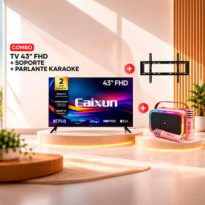 Combo Smart TV LED 43" Caixun FHD Roku C43V1FR + Soporte TV Fijo Kioto KT-TF86 Negro + Karaoke MLAB My LiL Voice Luz RGB 2 Micrófonos Inalámbricos Rosado