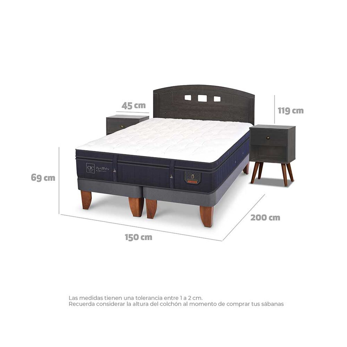 Cama Europea CIC Base Dividida 2 Plazas Súper Premium + Respaldo + 2 Veladores Gales