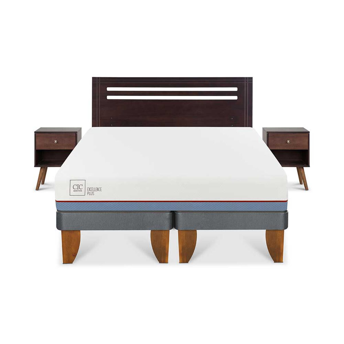 Cama Europea CIC Base Dividida 2 Plazas Excellence Plus + Respaldo + 2 Veladores New Munich