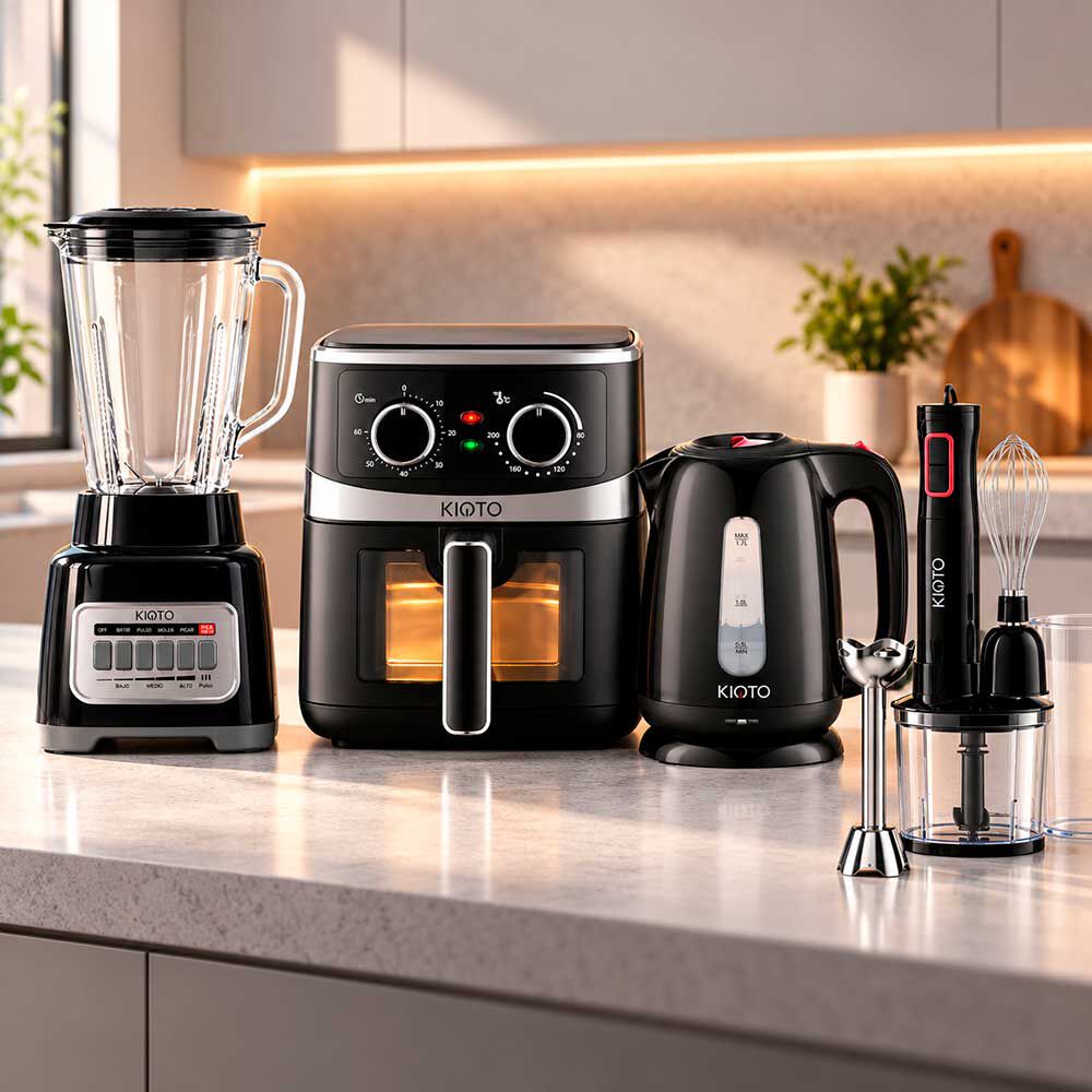 Combo Freidora de Aire Kioto Sumi 5 L + Licuadora Kioto Haru 1,5 L + Multimixer Kioto Oita 700 ml + Hervidor Eléctrico Kioto Tottori 1,7 L