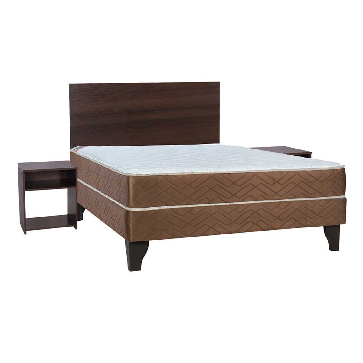 Cama Europea Celta 2 Plazas New Mega Chocolate + Respaldo + 2 Veladores Castilla