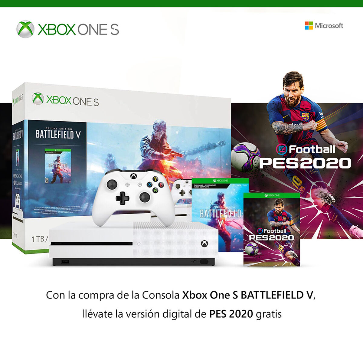 Consola Xbox One S 1TB Battlefield V + Juego PES 2020