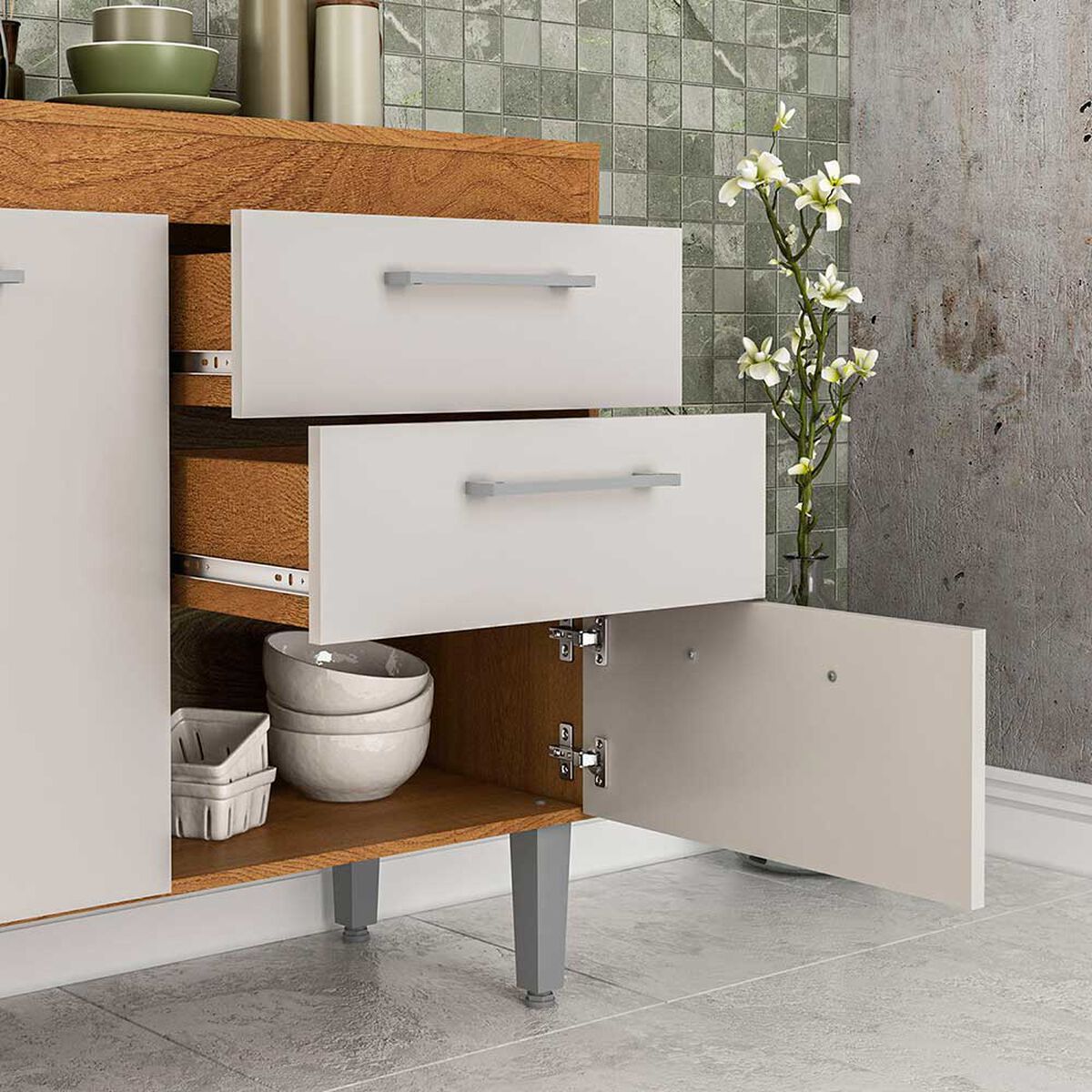Mueble de Cocina Base Vekkahome Opie 2 Cajones 3 Puertas Blanco