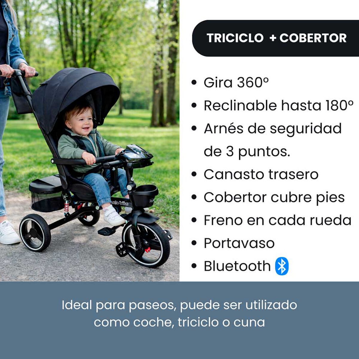 Triciclo Coche Cuna con Bluetooth 360 One Click RS-4090 Negro