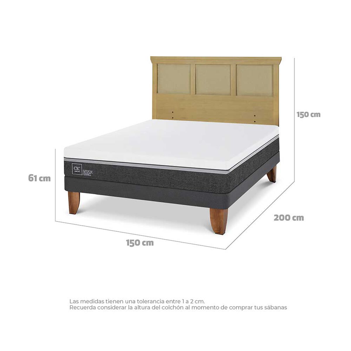 Cama Europea CIC 2 Plazas Ortopedic Advance + Respaldo Torino Mostaza