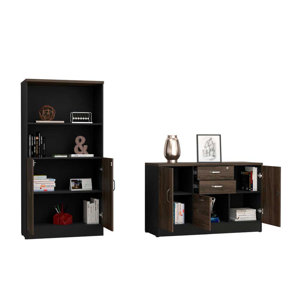 Combo Gabinete 2 Puertas + Biblioteca 2 Puertas TuHome Home Office Negro Soft-Co&ntilde;ac