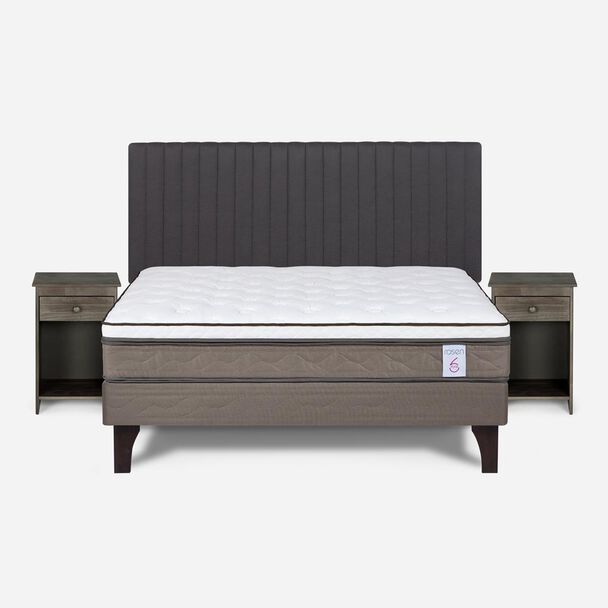 Cama Europea Rosen 2 Plazas New Style 6 + Respaldo + 2 Veladores Grafito