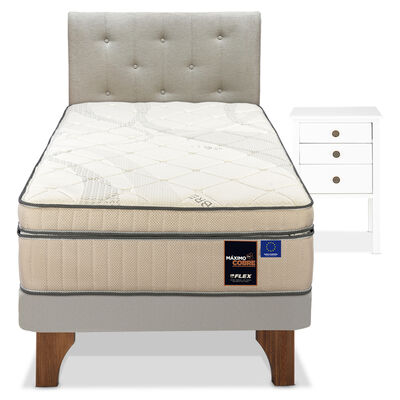 Cama Europea Arena Máximo Cobre 1.5 Plazas + Respaldo Almendra + Velador Roma