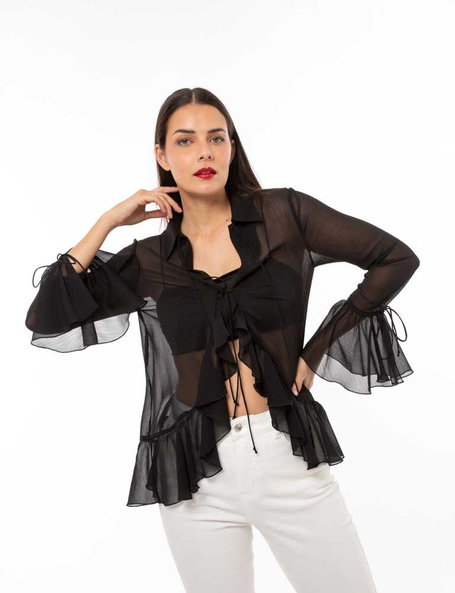 Blusa Transparente Con Vuelos Manga Larga Campana Mujer Zibel