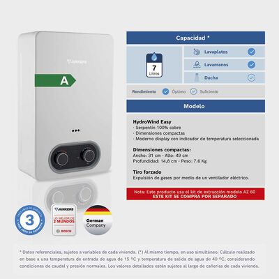 Imagen 2 del producto Calefont Tiro Forzado Junkers HydroWind-Easy 7 lts.