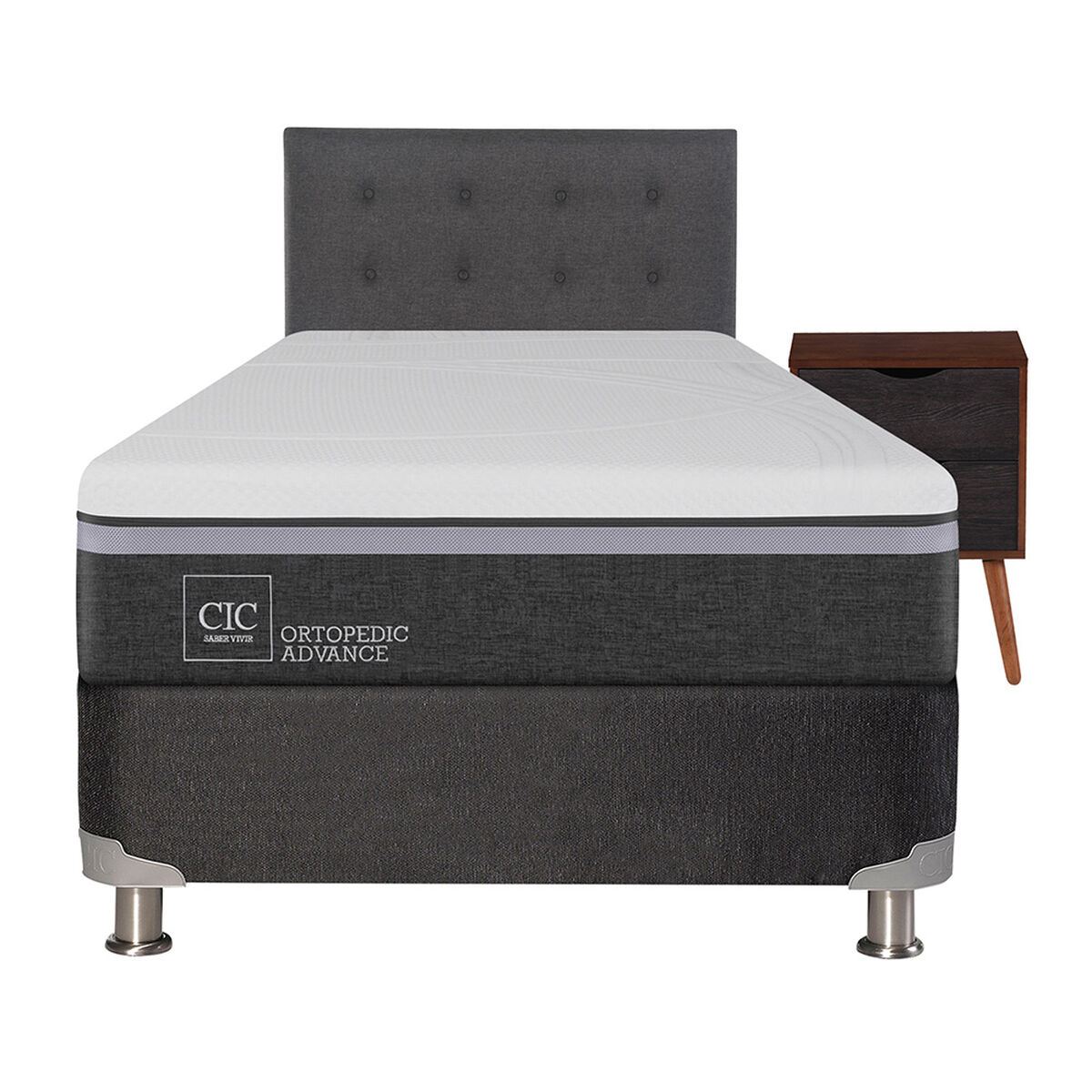 Box Spring CIC 1,5 Plazas Ortopedic Advance + Respaldo + Velador Eufrates