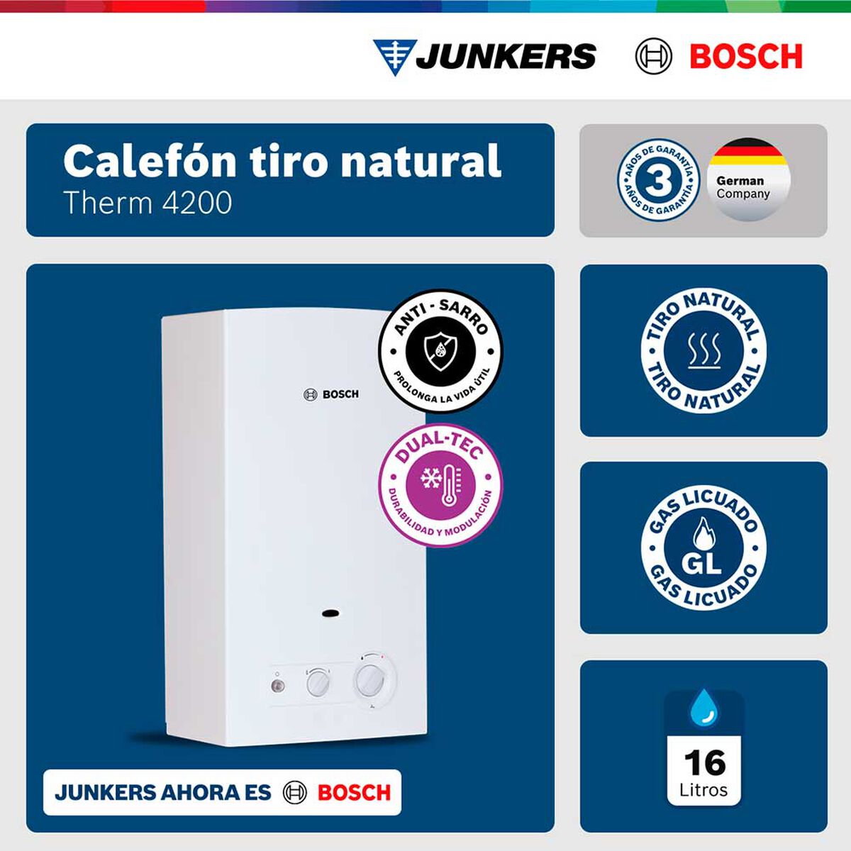 Calef&oacute;n 16 litros gas licuado tiro natural Junkers Bosch Therm 4200