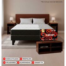 Combo Cama Europea 2 Plazas Celta + Respaldo y Veladores Casanova + Pack Almohadas + Smart TV LED Caixun 32