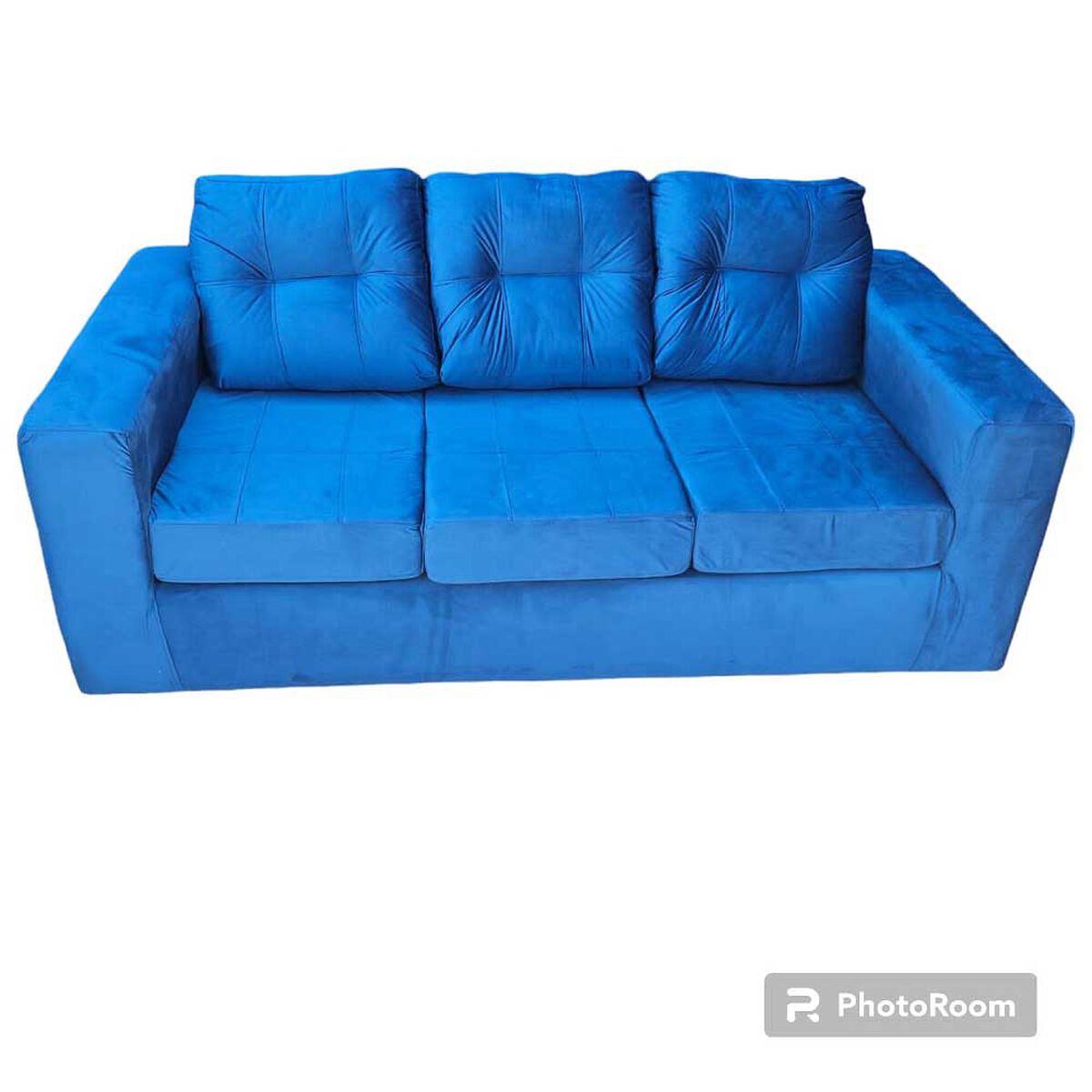 Juego de Living Kea Nize Sofá 3 Cuerpos + Dos Pouf Felpa Azul Petróleo