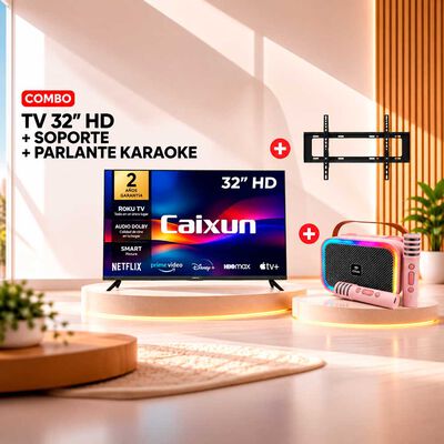 Combo Smart TV LED 32" Caixun HD Roku C32V1HR + Soporte TV Fijo Kioto KT-TF86 Negro + Karaoke MLAB My LiL Voice Luz RGB 2 Micrófonos Inalámbricos Rosado