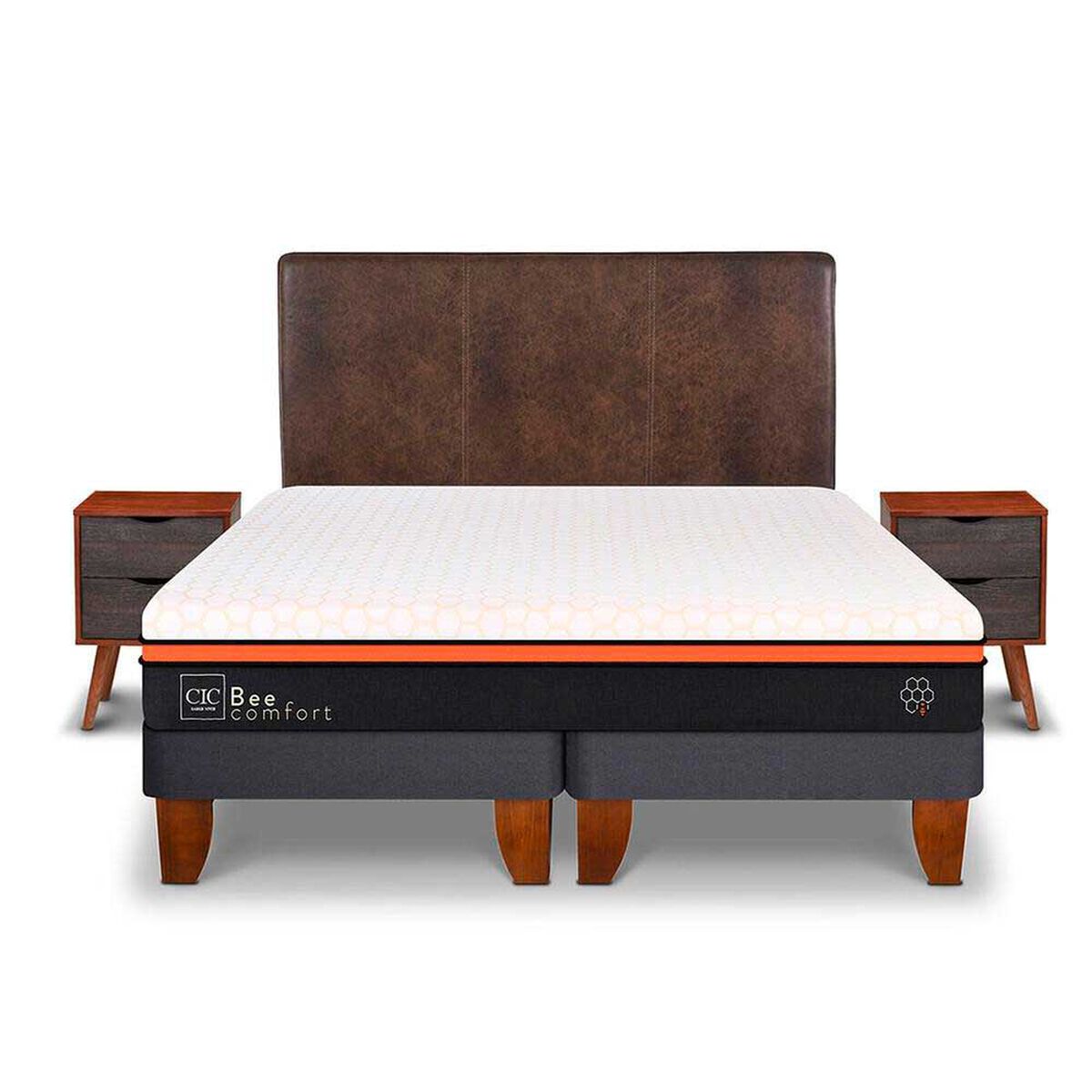 Cama Europea CIC Base Dividida 2 Plazas Bee Comfort + Respaldo + 2 Veladores