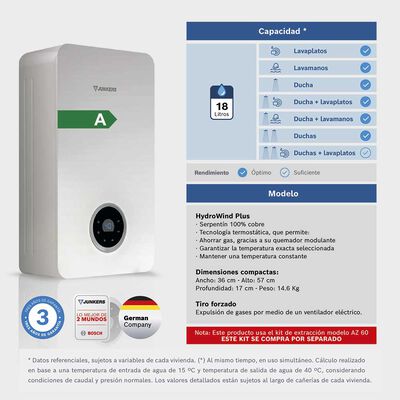 Imagen 2 del producto Calefont Tiro Forzado Junkers HydroWind-Plus 18 lts.
