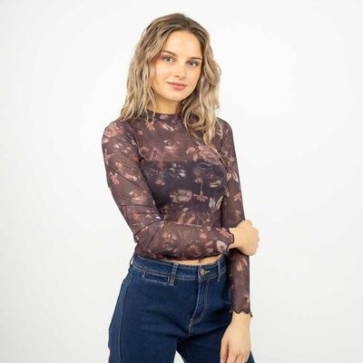 Polera Crop Manga Larga Mujer Icono Cafe, Celeste, Negro, Print-1