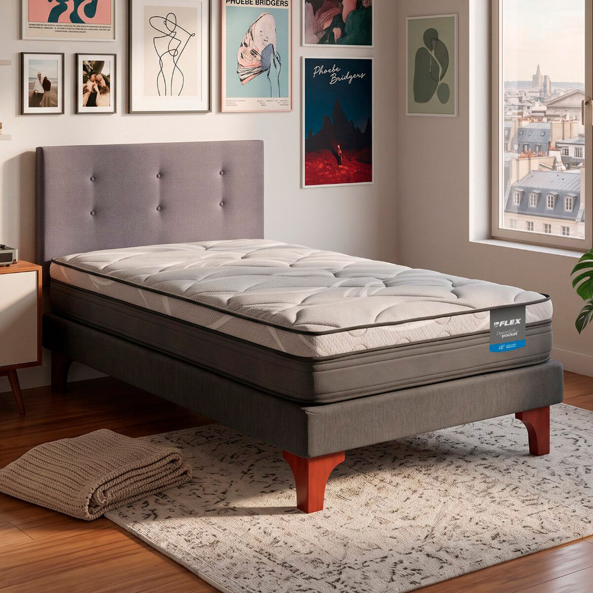 Cama Europea Flex 1,5 Plazas Dream Pocket Box + Respaldo Royal Grafito
