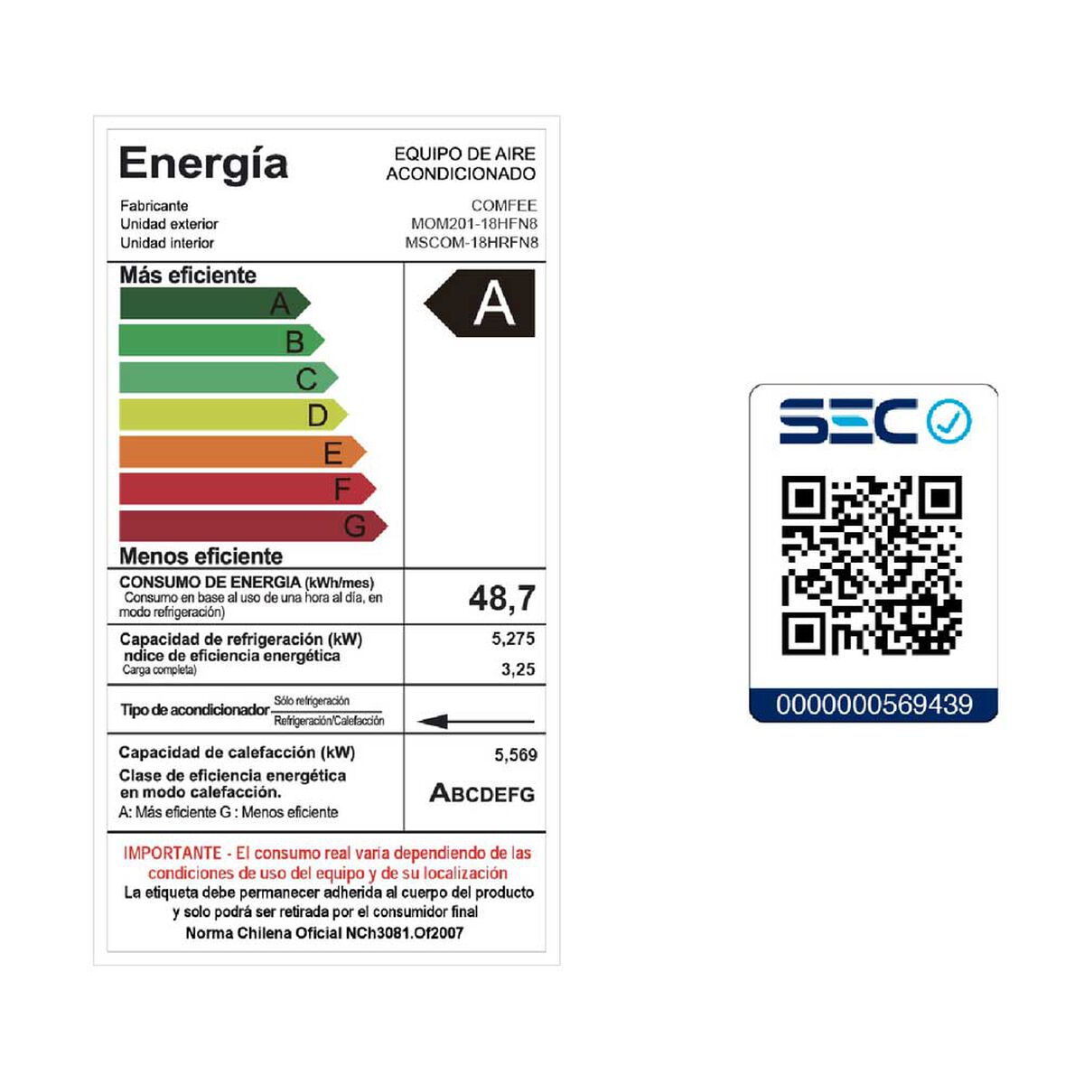 Aire Acondicionado Midea Split Inverter Comfee 18000 BtuH