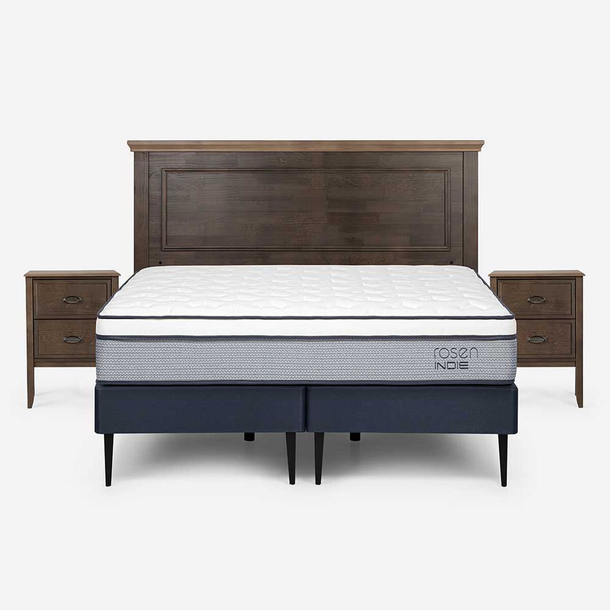 Cama Europea Rosen Base Dividida King Indie + Respaldo + 2 Veladores Anna