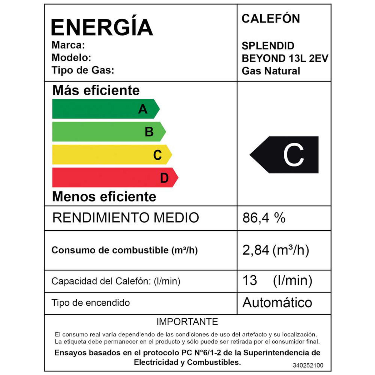 Calefont 13 litros Gas natural Tiro natural Splendid
