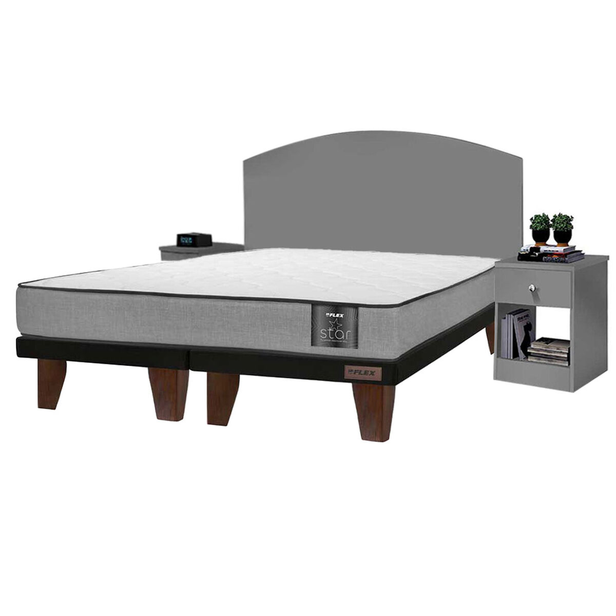 Combo Cama Europea Flex Base Dividida 2 Plazas Star + Respaldo + 2 Veladores Casanova 2 Plazas Gris