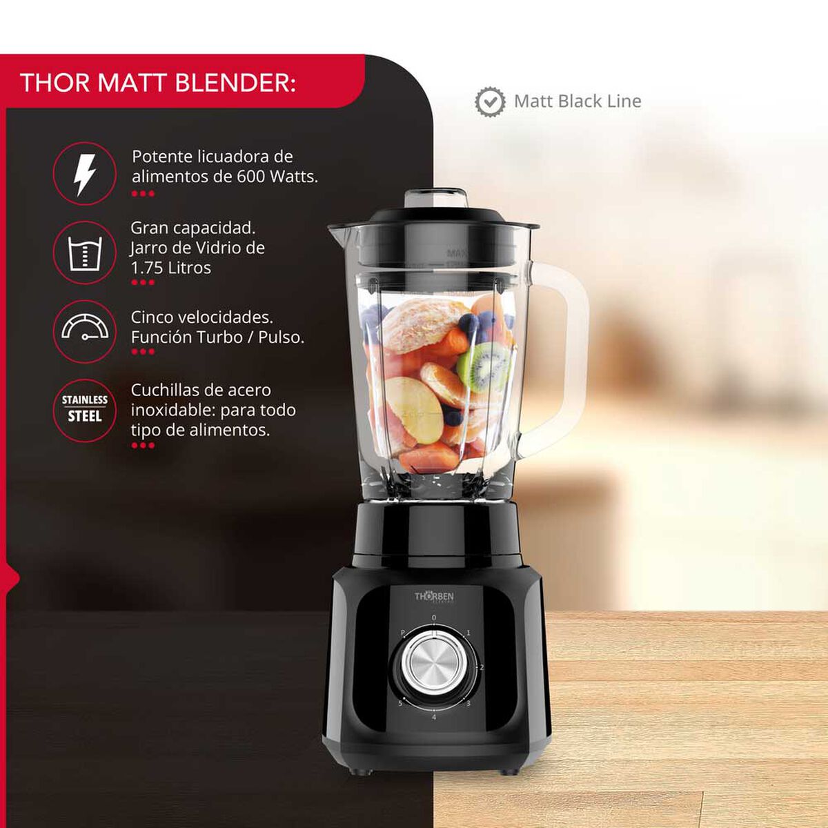 Licuadora Thorben Thor Matt Black Blender 600W