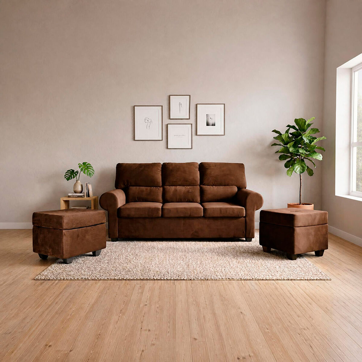 Sof&aacute; Muebles MPR Boston 3 Cuerpos + 2 Pouf Caf&eacute;