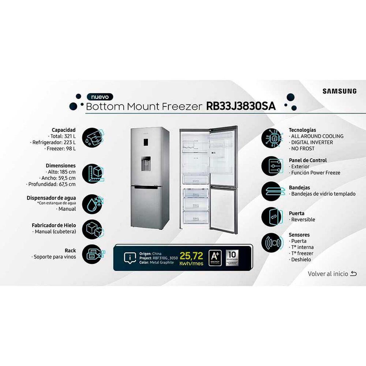 Refrigerador No Frost Samsung RB33J3830SA 321 lts.