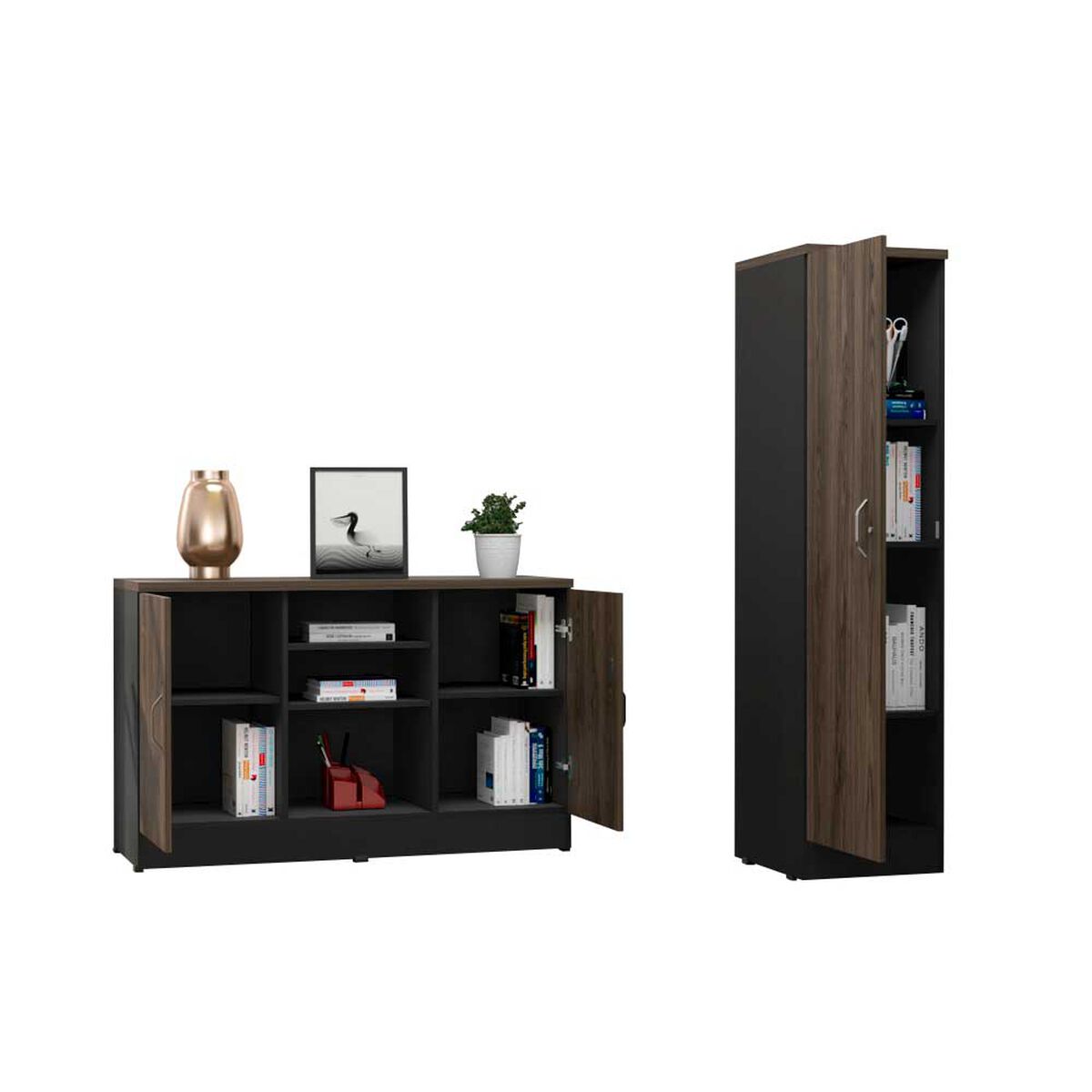 Combo Gabinete 2 Puertas + Biblioteca 1 Puerta TuHome Home Office Negro Soft-Co&ntilde;ac